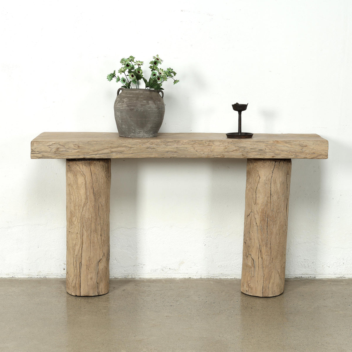 Vintage Log Console 58" Wide with Round Leg Weathered Natural