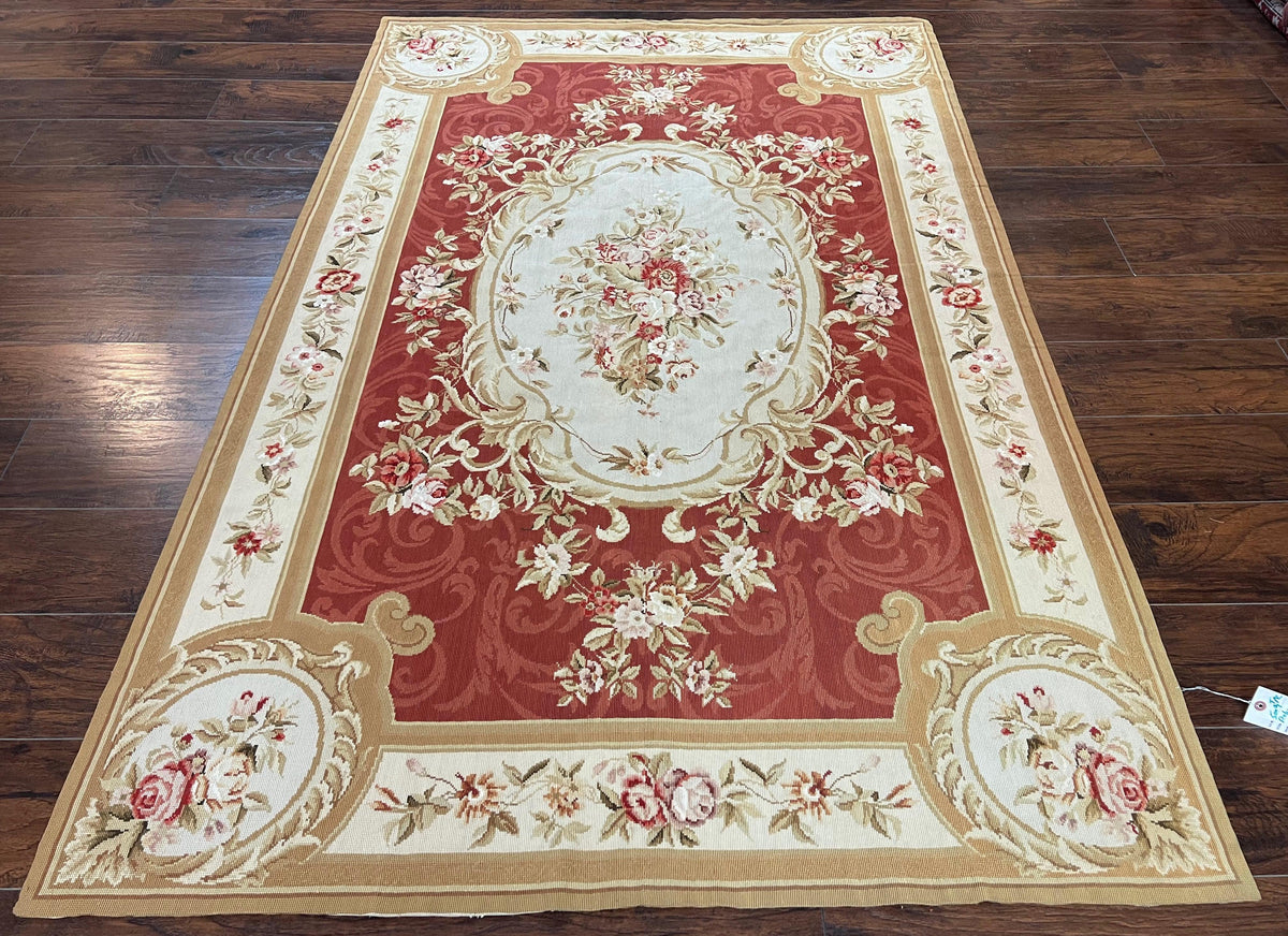 Aubusson Needlepoint Rug 5x8, Red Ivory Tan, Vintage Needlepoint Carpet 5 x 8 ft, Handmade Hand woven Wool, French European, Medium Size Rug - Jewel Rugs, view 2