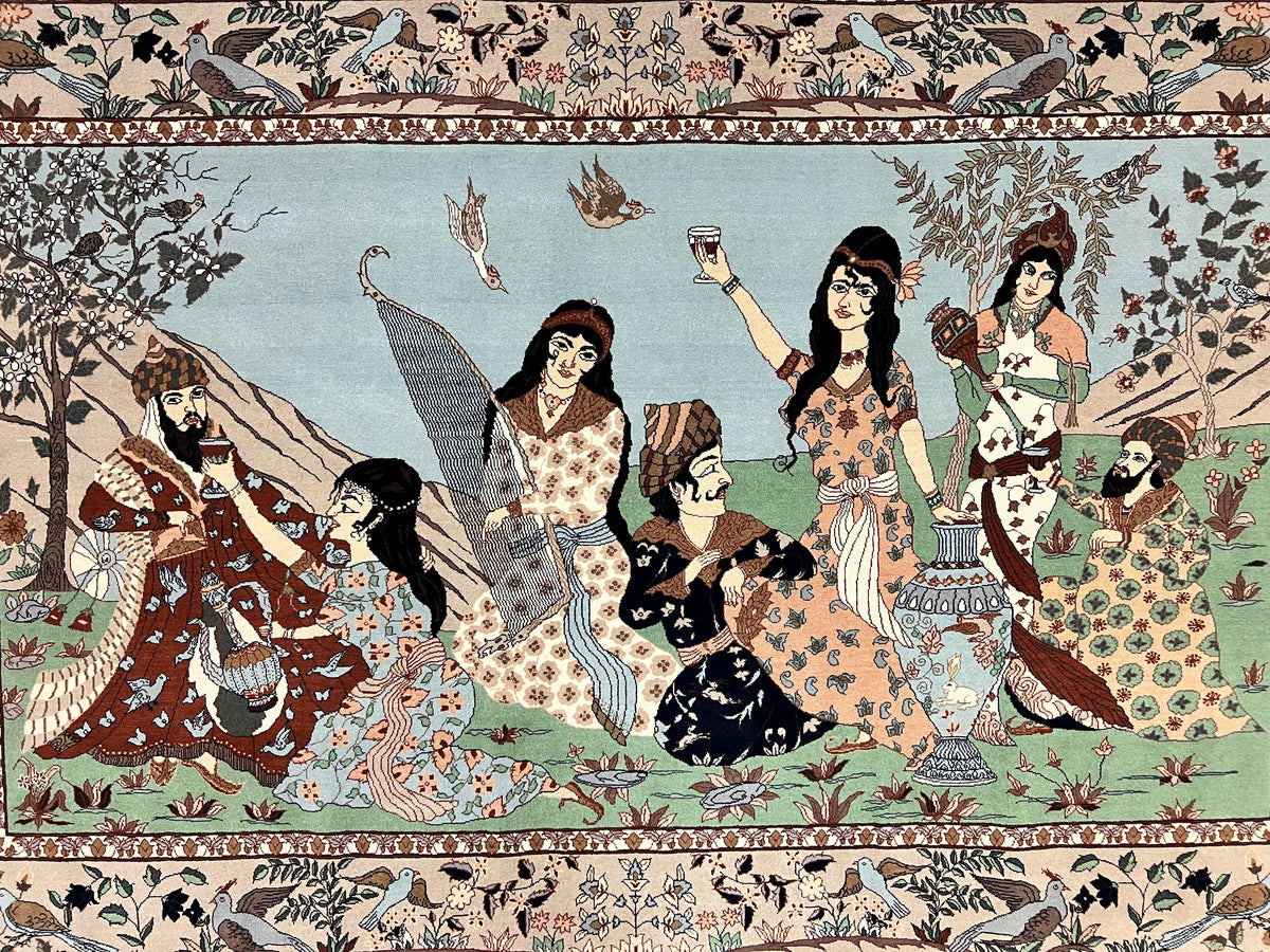 Indo Persian Pictorial Rug 4x7, Handmade Hand Knotted Wool Semi Antique Horizontal Carpet, Men & Women Drinking, Fine Rug, Bird Pictorials - Jewel Rugs, view 4