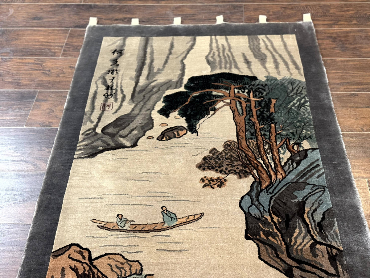 Chinese Silk Wall Hanging 3x5, Handmade, River and Boat Scene, Rug Tapestry - Jewel Rugs, view 4
