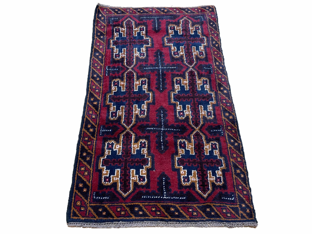 2' 7" X 4' 6" Vintage Handmade Tribal Wool Rug Balouchi Rug Afghan Rug Red Blue - Jewel Rugs, view 2