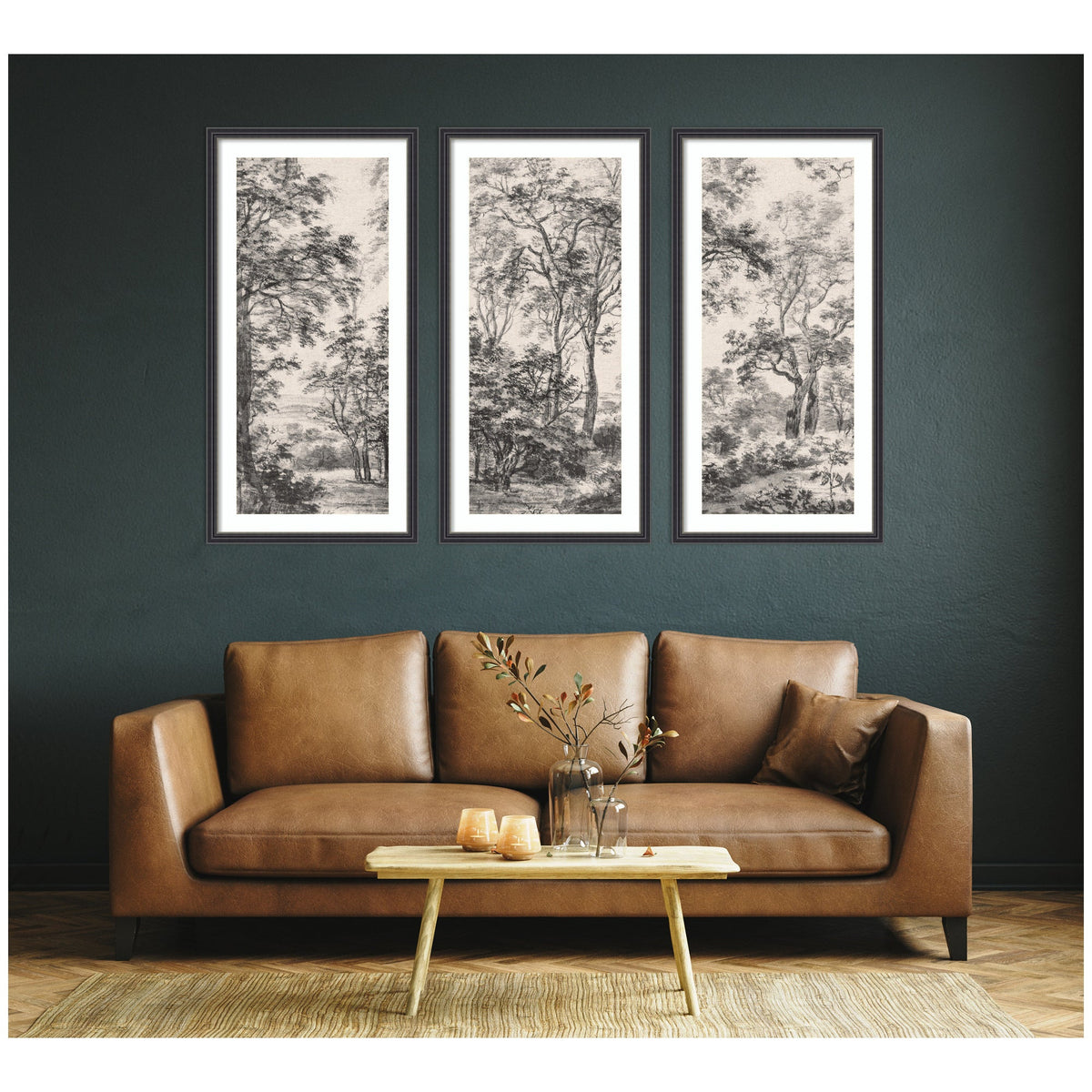 Wooded Landscape after 1648 Antonie Waterloo Linen Panel 3 Piece Framed Wall Art Print Set by Nostalgia Prints
