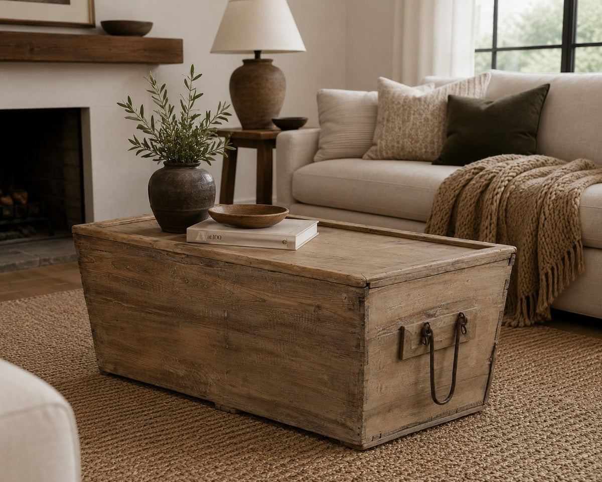 Vintage Storage Trunk Coffee Table with Iron Stapples 42"W 21"D