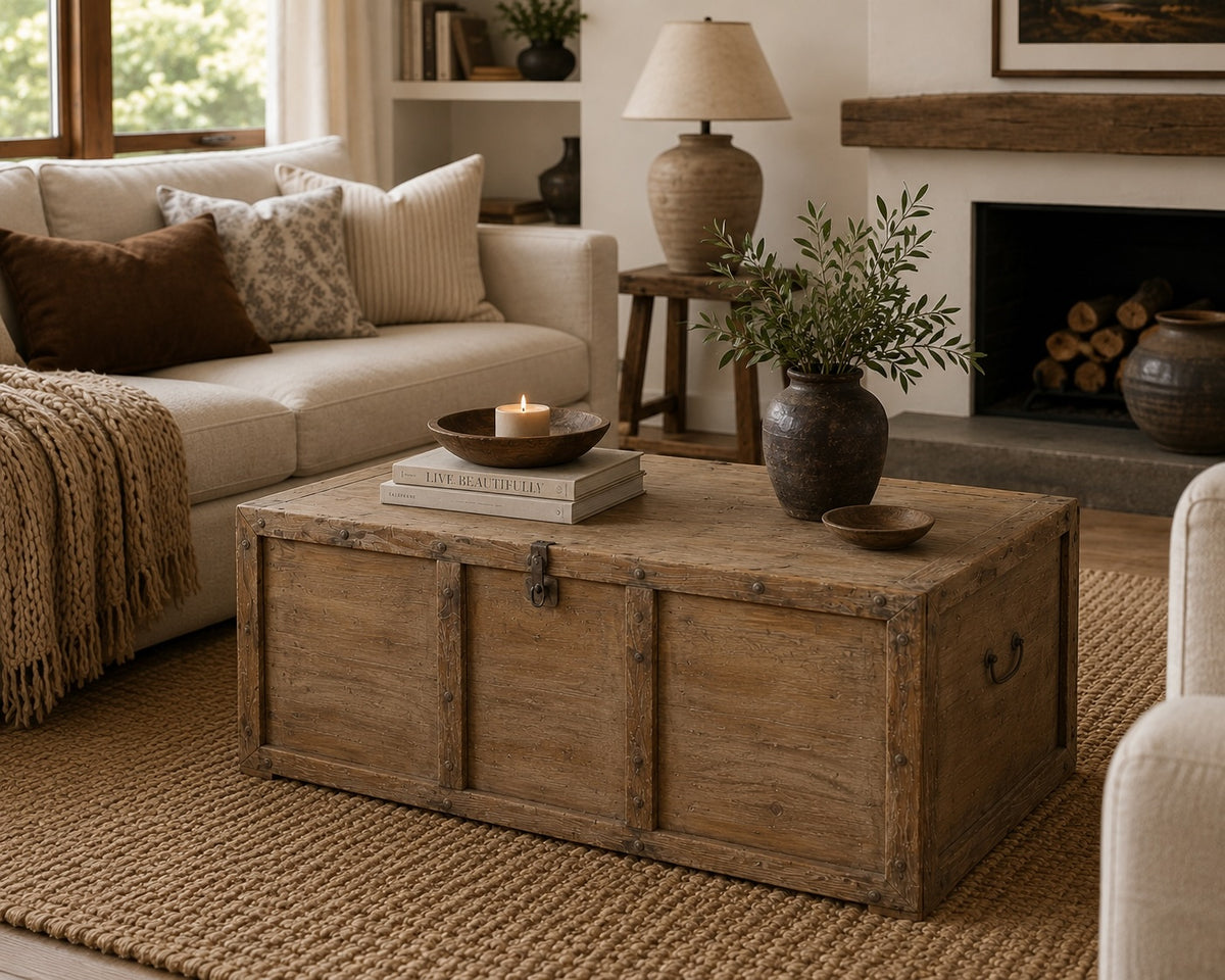 Vintage Storage Trunk Coffee Table with Iron Stapples 41.3"W 23.6"D