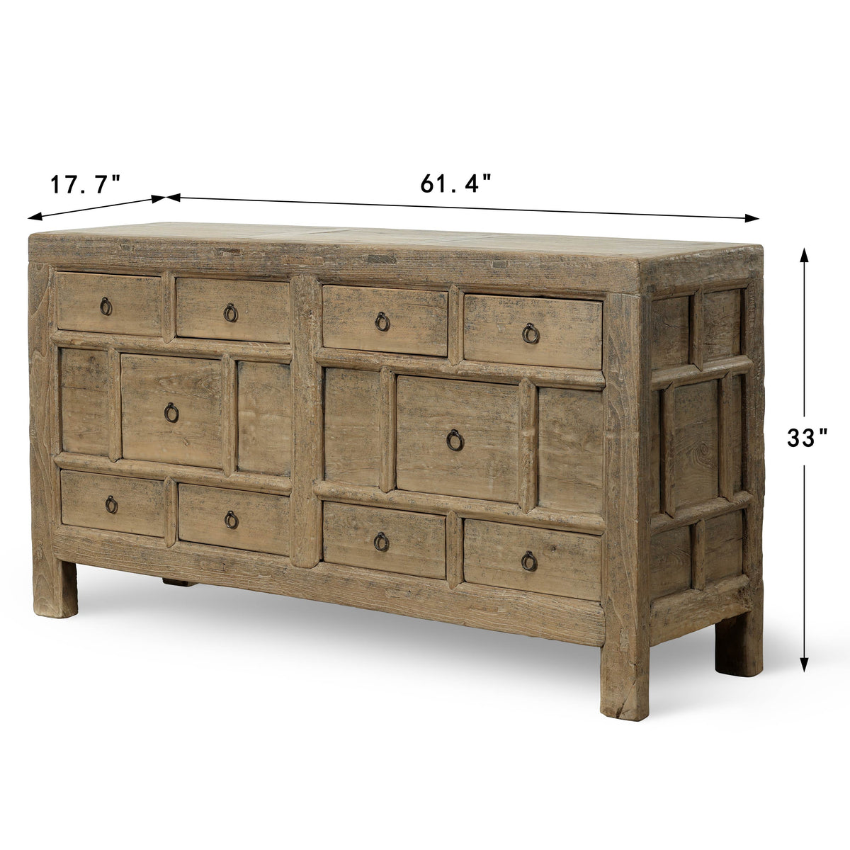 61 Inches Wide Vintage Sideboard with Ten Drawers Weathered Natural