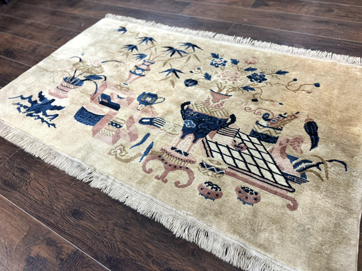 Chinese Rug 5x3, Horizontal Rug, Vases Flowers, Handmade Antique Vintage Carpet, Peking Rug, Chinese Wool Rug - Jewel Rugs, view 13