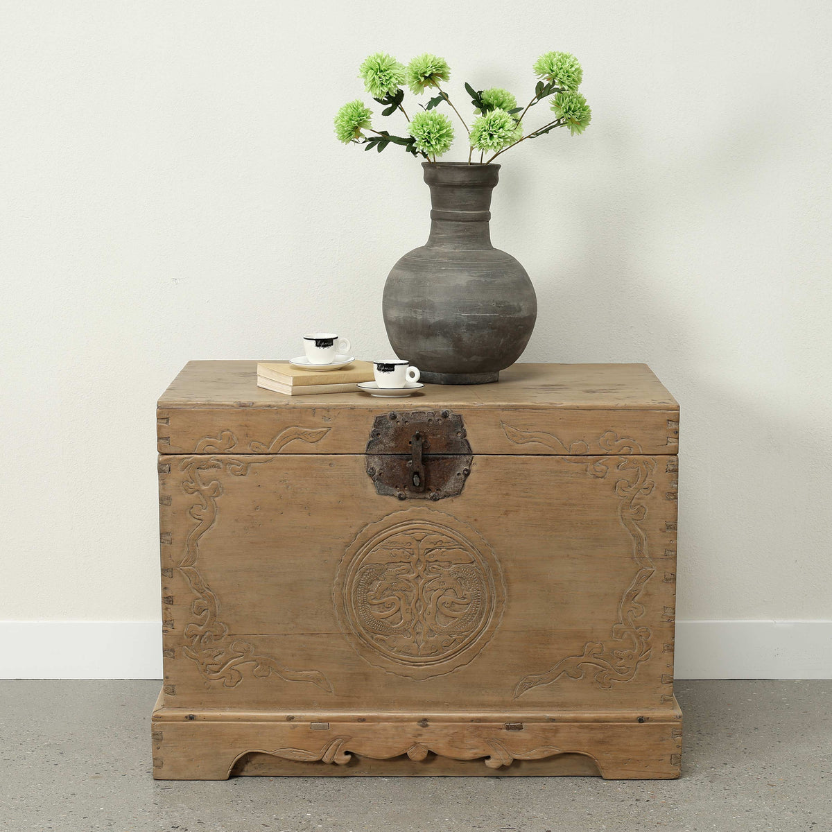 Approx 35" Wide Antique Storage Trunk with Hand-Carved Motifs Weathered Natural