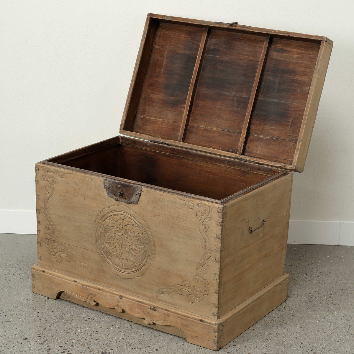 Approx 35" Wide Antique Storage Trunk with Hand-Carved Motifs Weathered Natural
