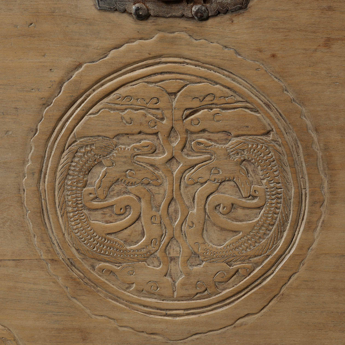 Approx 35" Wide Antique Storage Trunk with Hand-Carved Motifs Weathered Natural