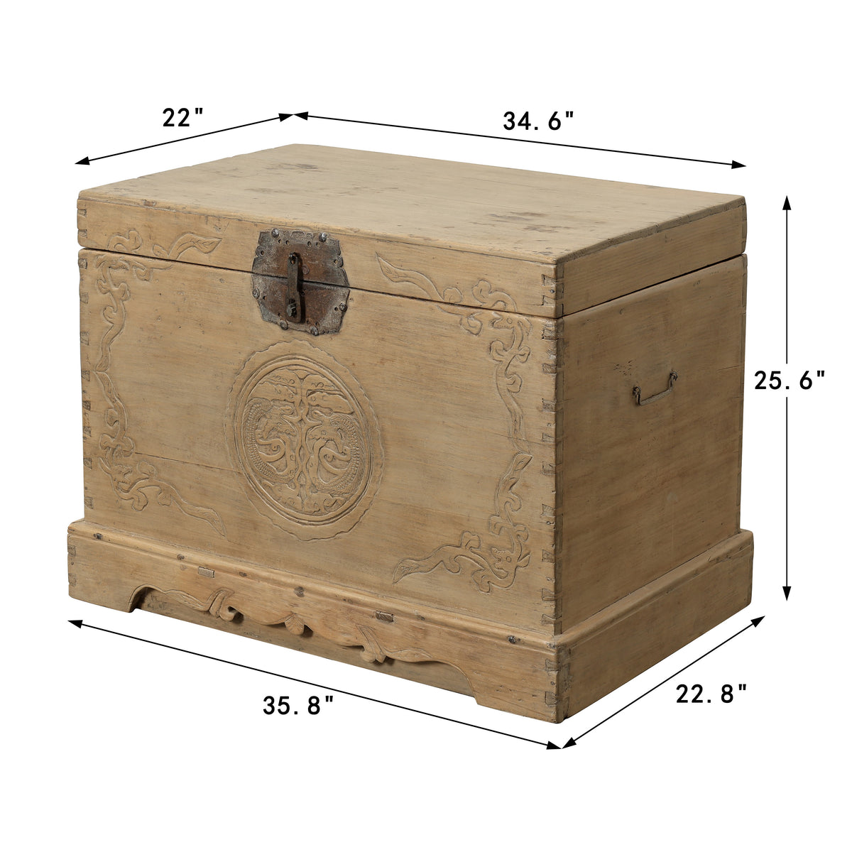 Approx 35" Wide Antique Storage Trunk with Hand-Carved Motifs Weathered Natural