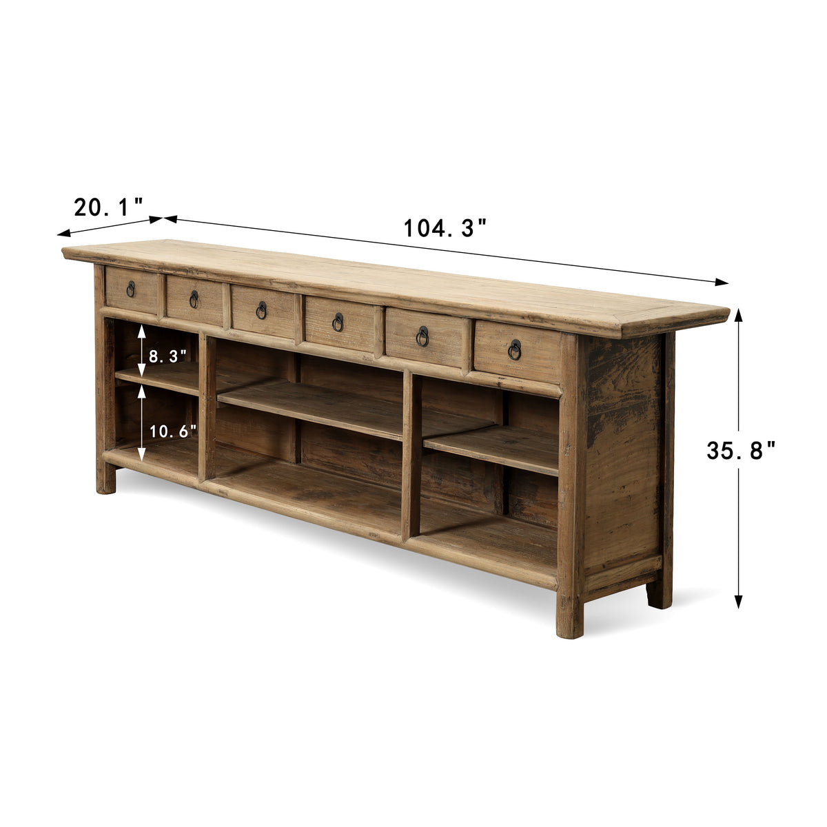 Approx. 104" Wide Vintage Sideboard with 6 Drawers, Weathered Natural