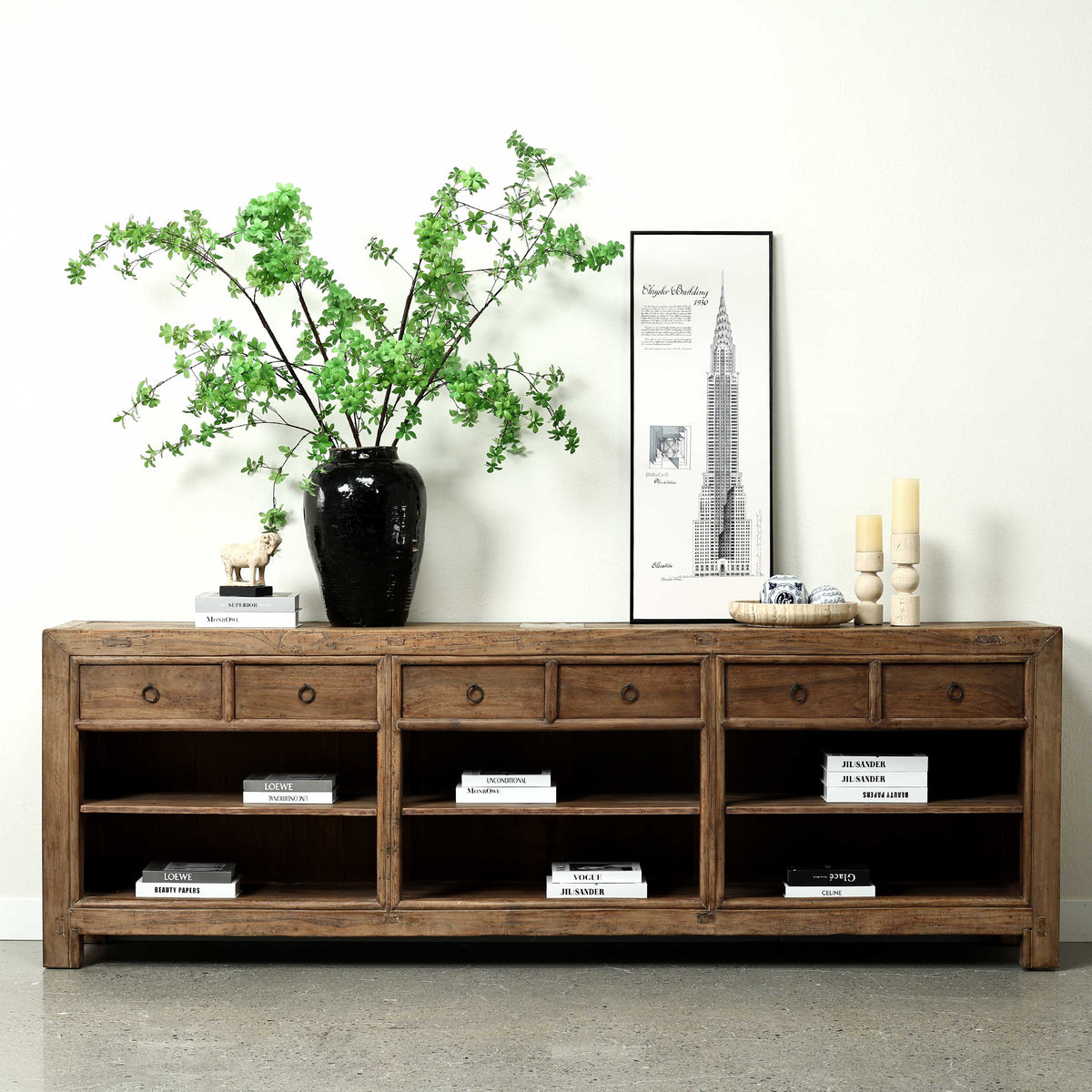 Approx. 107" Wide Vintage Countertable with 6 Drawers, Walnut Wood Weathered Natural