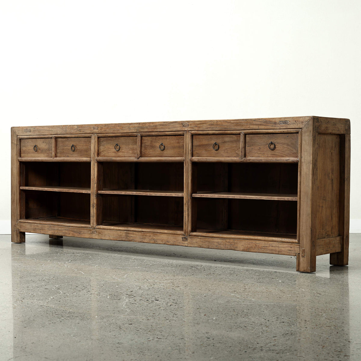 Approx. 107" Wide Vintage Countertable with 6 Drawers, Walnut Wood Weathered Natural