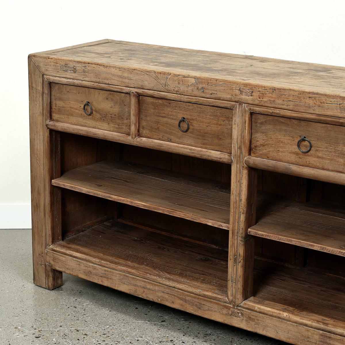 Approx. 107" Wide Vintage Countertable with 6 Drawers, Walnut Wood Weathered Natural