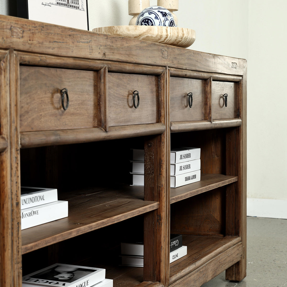 Approx. 107" Wide Vintage Countertable with 6 Drawers, Walnut Wood Weathered Natural