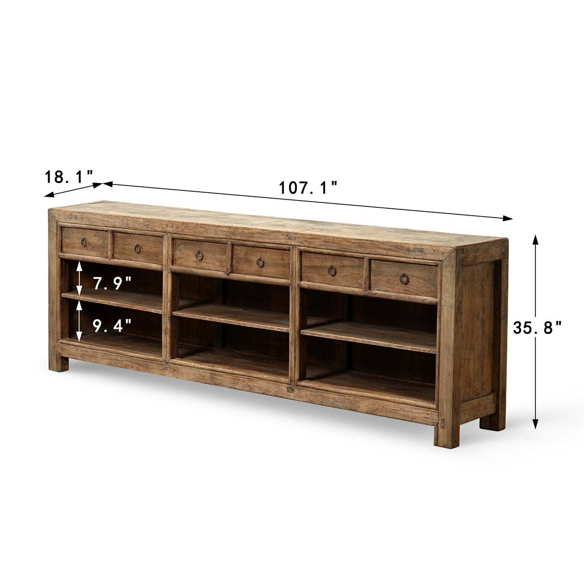 Approx. 107" Wide Vintage Countertable with 6 Drawers, Walnut Wood Weathered Natural