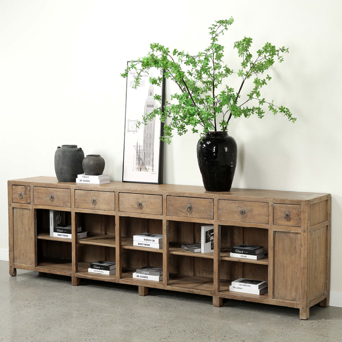 Approx. 120" Wide Vintage Sideboard with 7 Drawers, Weathered Natural