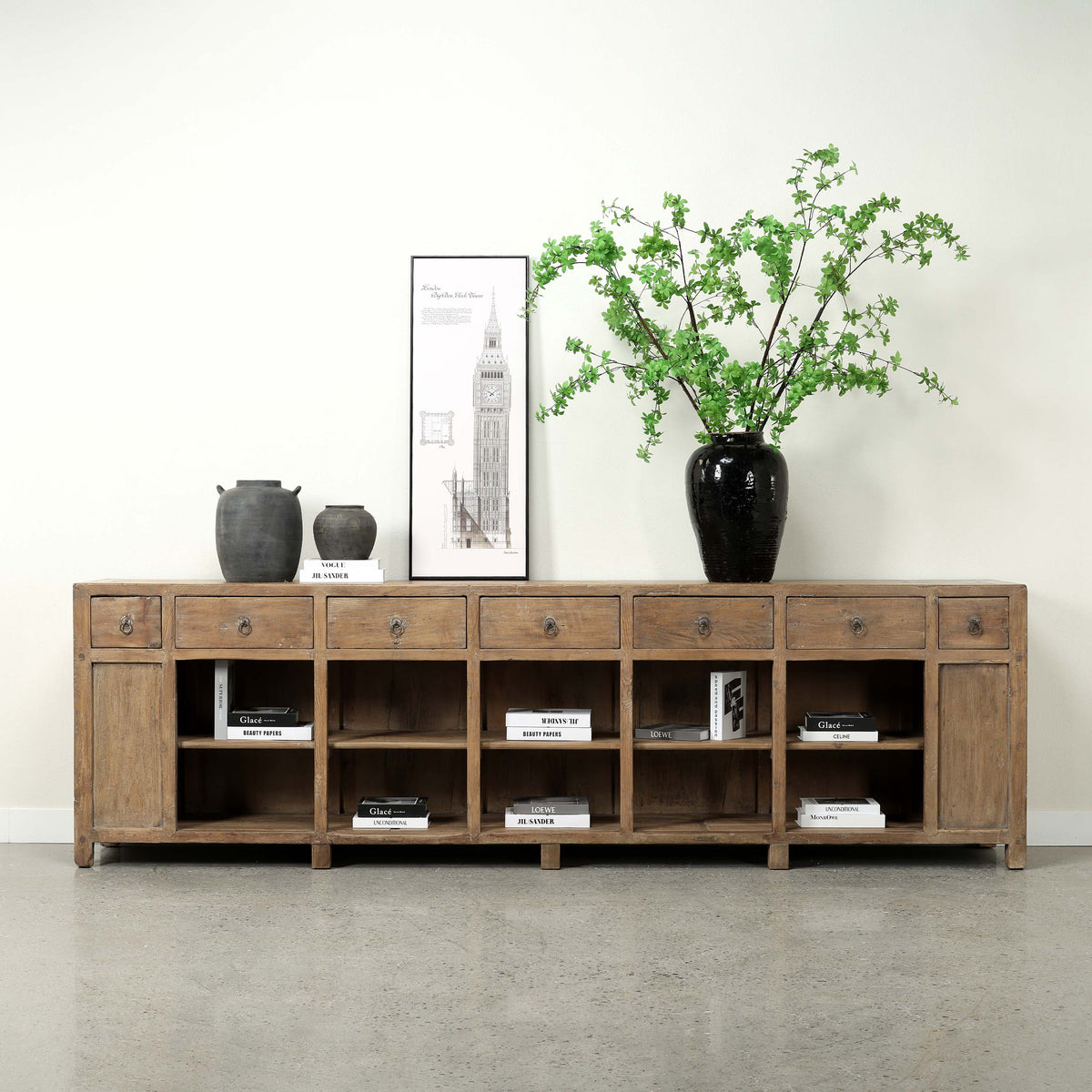 Approx. 120" Wide Vintage Sideboard with 7 Drawers, Weathered Natural