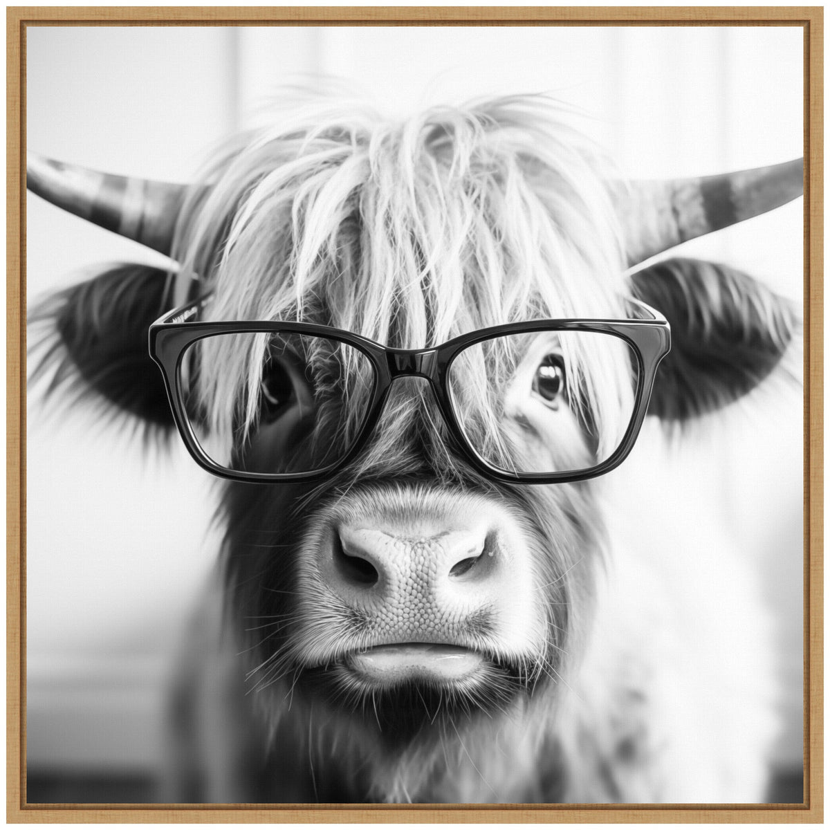 Sylvie Black and White Highland Cow in Reading Glasses Framed Canvas by The Creative Bunch Studio