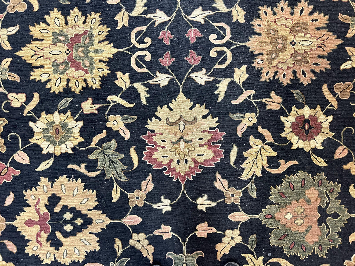 Indo Persian Rug 10x14, Wool Handmade Room Sized Floral Oriental Carpet, Indian Mahal Flatweave Rug, Black Beige - Jewel Rugs, view 5