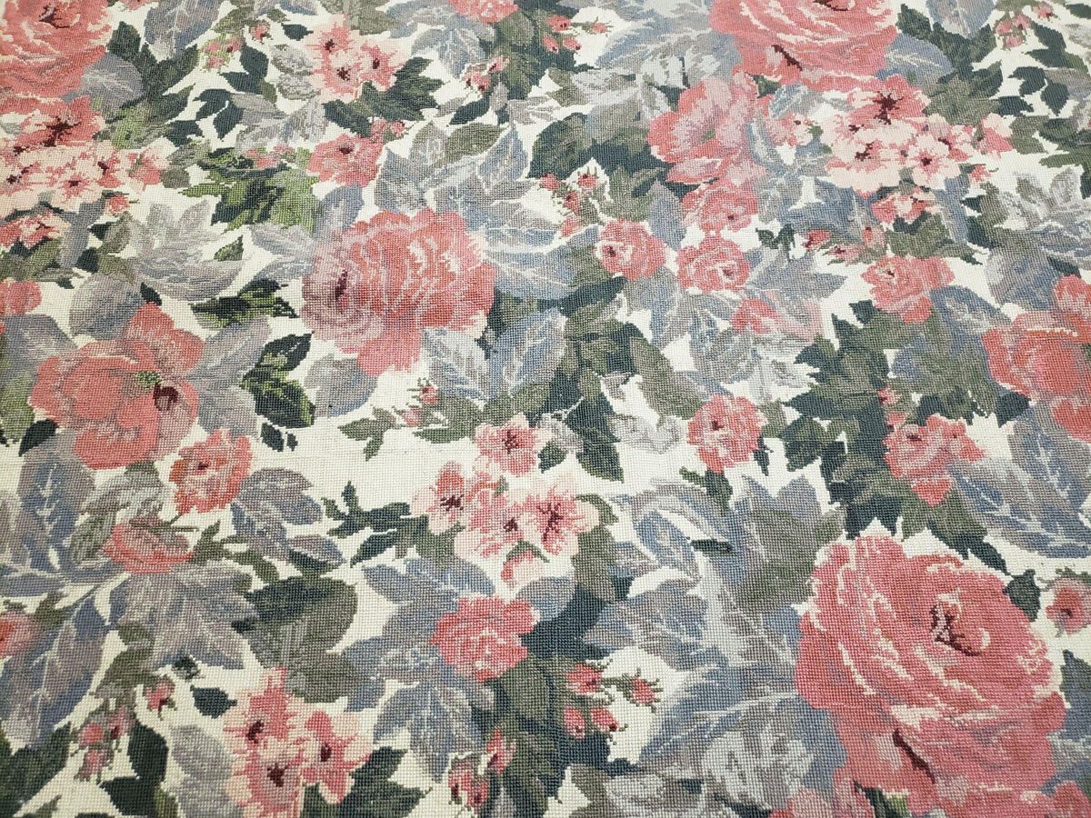 5x8 Needlepoint Rug 5' 4" x 8' 3" Wool Flat Weave Floral New Unused Carpet English Design Ivory Large Pink Flowers Green Leaves Hand-Knotted - Jewel Rugs, view 4