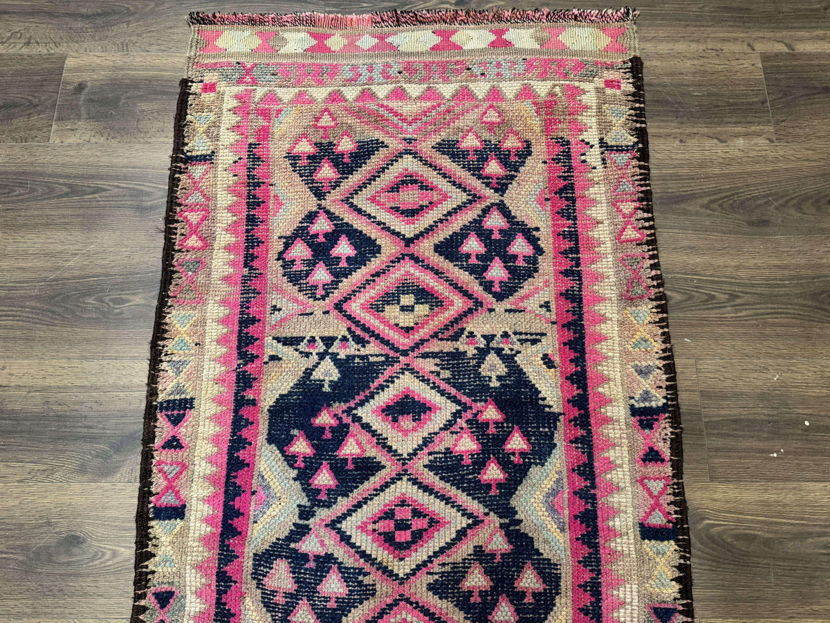 Turkish Runner Rug 3x10, Pink and Navy Blue, Bohemian Runner for Hallway or Kitchen, Vintage, Geometric, Tribal - Jewel Rugs, view 7