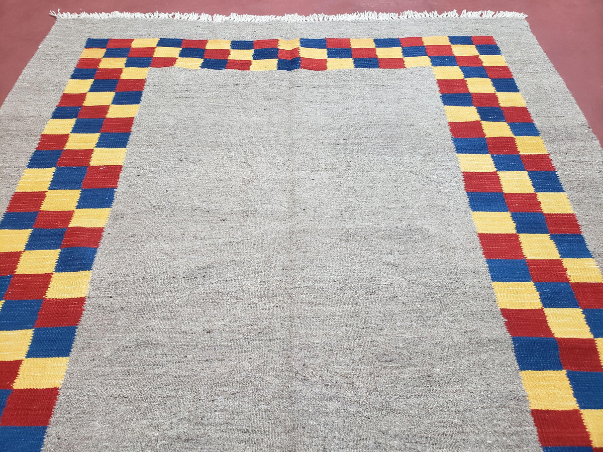 New Turkish Kilim Area Rug, Gray Carpet With Colorful Checker Border, 5'6" x 8", Flatweave Carpet, Playroom Rug, Kids Room Rug, Hand-Knotted - Jewel Rugs, view 4