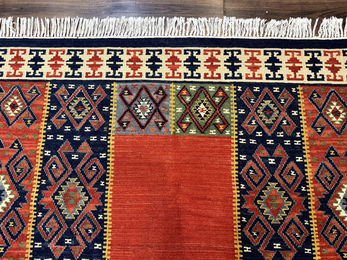 Turkish Kilim Rug 5x8, Flatweave Carpet, Handmade Bohemian Rug, Terracotta and Navy Blue - Jewel Rugs, view 4