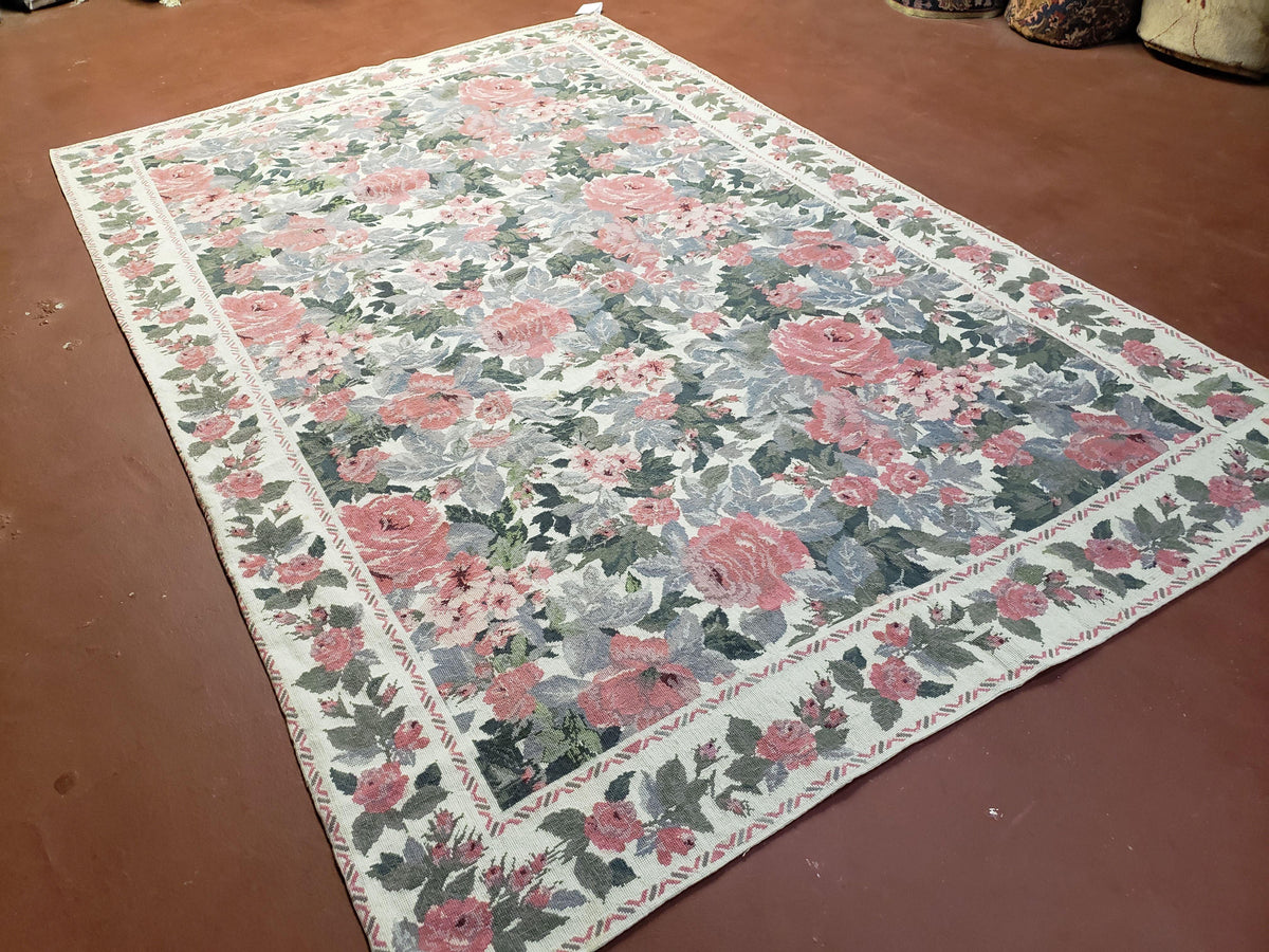 5x8 Needlepoint Rug 5' 4" x 8' 3" Wool Flat Weave Floral New Unused Carpet English Design Ivory Large Pink Flowers Green Leaves Hand-Knotted - Jewel Rugs, view 3