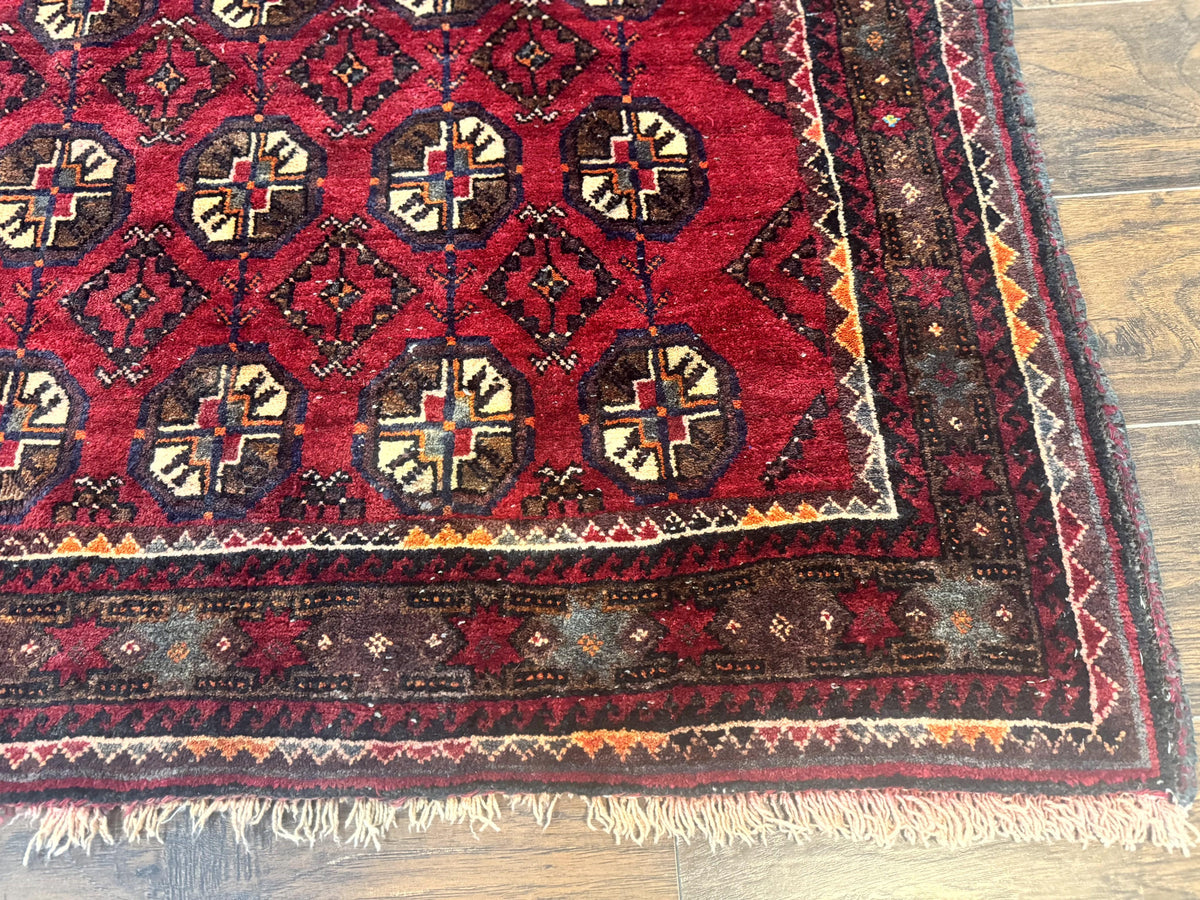 Persian Turkoman Tribal Rug 4x8, Handmade Vintage Wool Carpet, Red, Bohemian Rug - Jewel Rugs, view 10