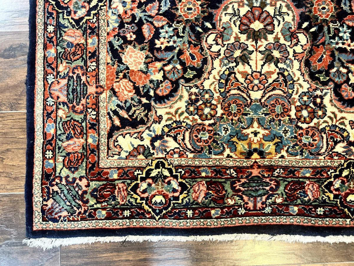 Persian Saoruk Rug 4x5, Navy Blue and Red, Floral, Antique Persian Wool Carpet, Handmade - Jewel Rugs, view 9