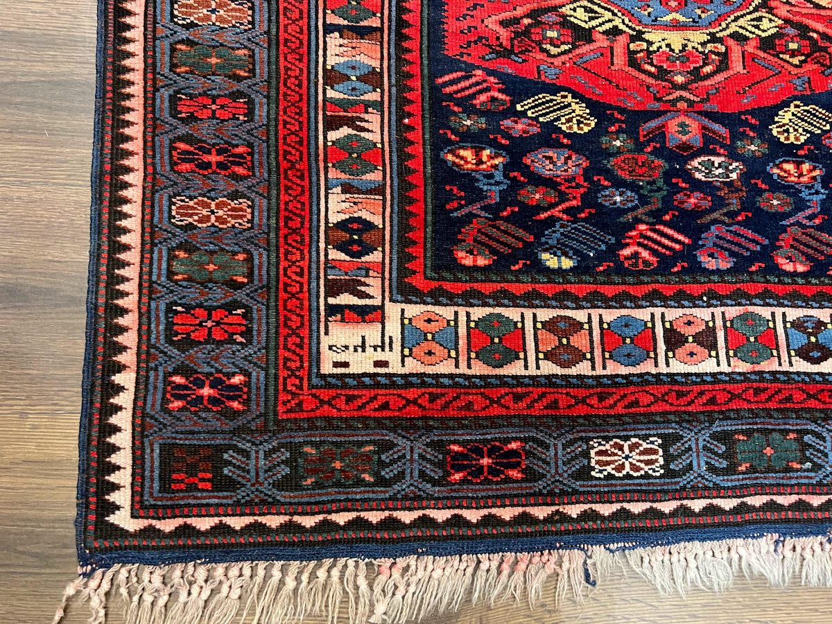 Antique Caucasian Seychour Rug 3.7 x 5.5, Collectible Oriental Carpet, Navy Blue and Red, Fine Kuba Rug, Vintage Rug, Wool Hand Knotted Rug - Jewel Rugs, view 9