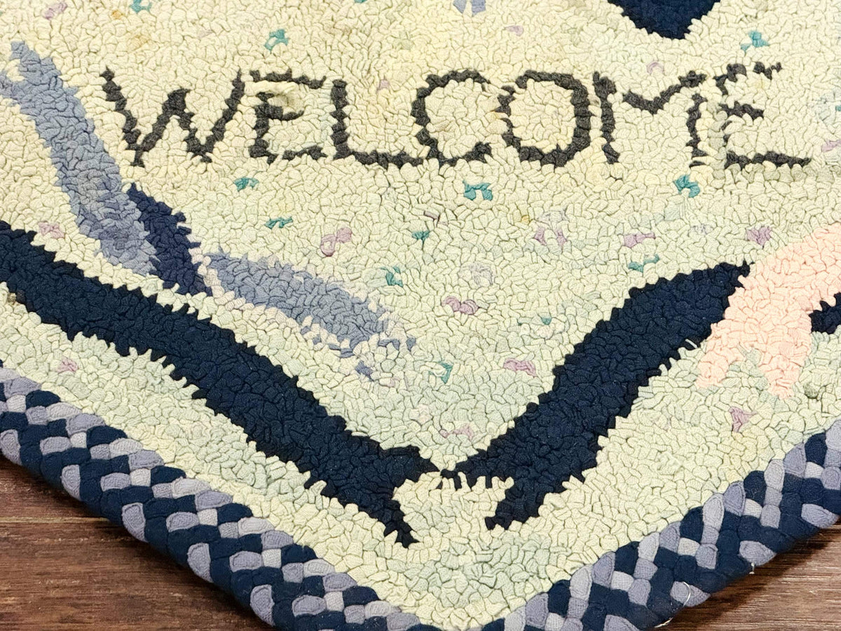 Small American Hooked Rug, Vintage Welcome Mat, Heart Shaped, Ivory and Blue - Jewel Rugs, view 8