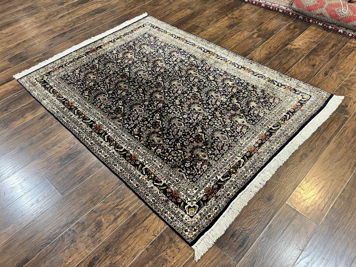 Silk Indian Kashmiri Rug 5x7, Navy Blue Indo Persian Silk Carpet 5 x 7 ft, Hand Knotted Handmade Very Fine Oriental Carpet, 450 KPSI, Birds - Jewel Rugs, view 12