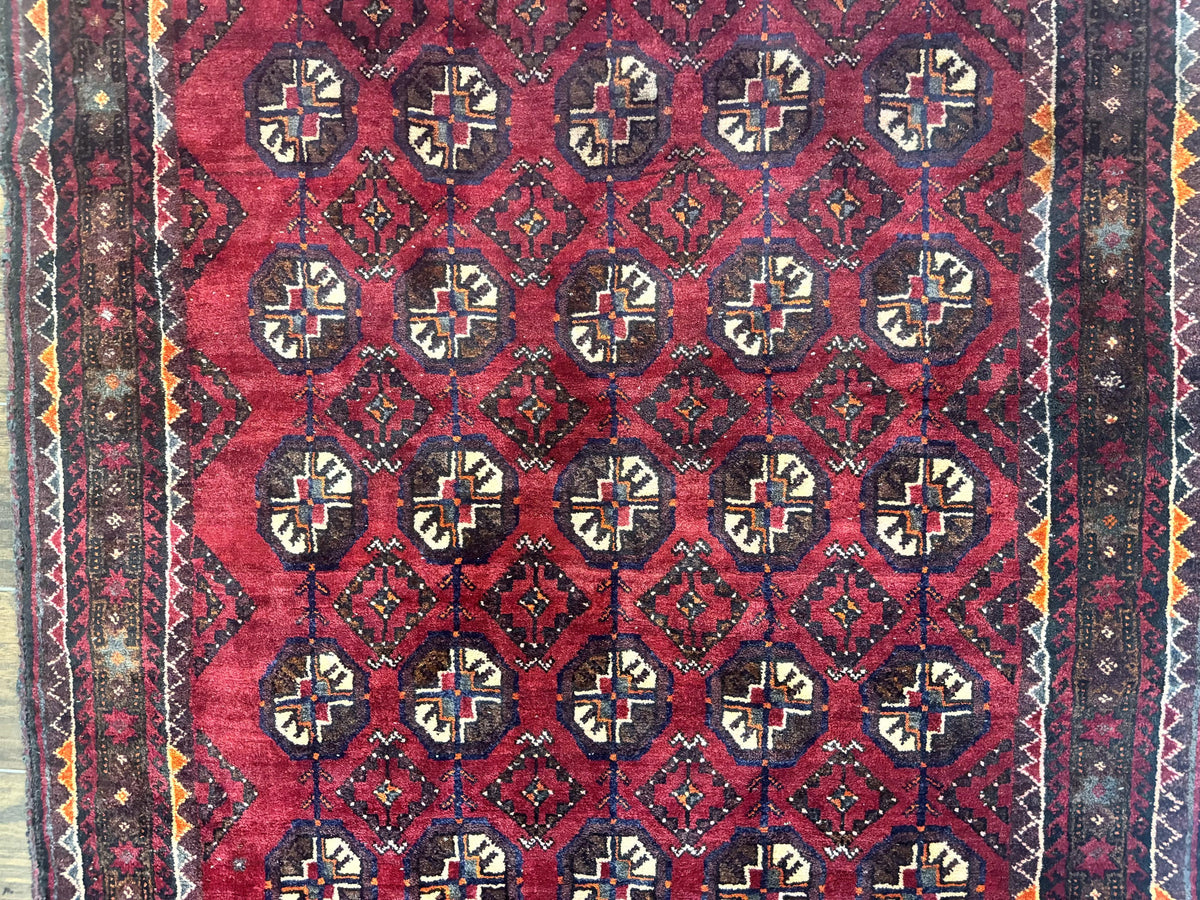 Persian Turkoman Tribal Rug 4x8, Handmade Vintage Wool Carpet, Red, Bohemian Rug - Jewel Rugs, view 5