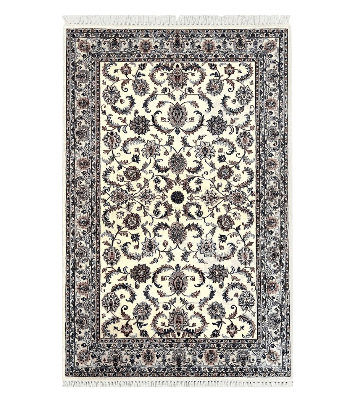 Indian Rug 5.7 x 9, Vintage Oriental Carpet, Handmade Hand Knotted Wool Rug, Living Room Rug, Bedroom Rug, Ivory and Gray, Allover Floral - Jewel Rugs
