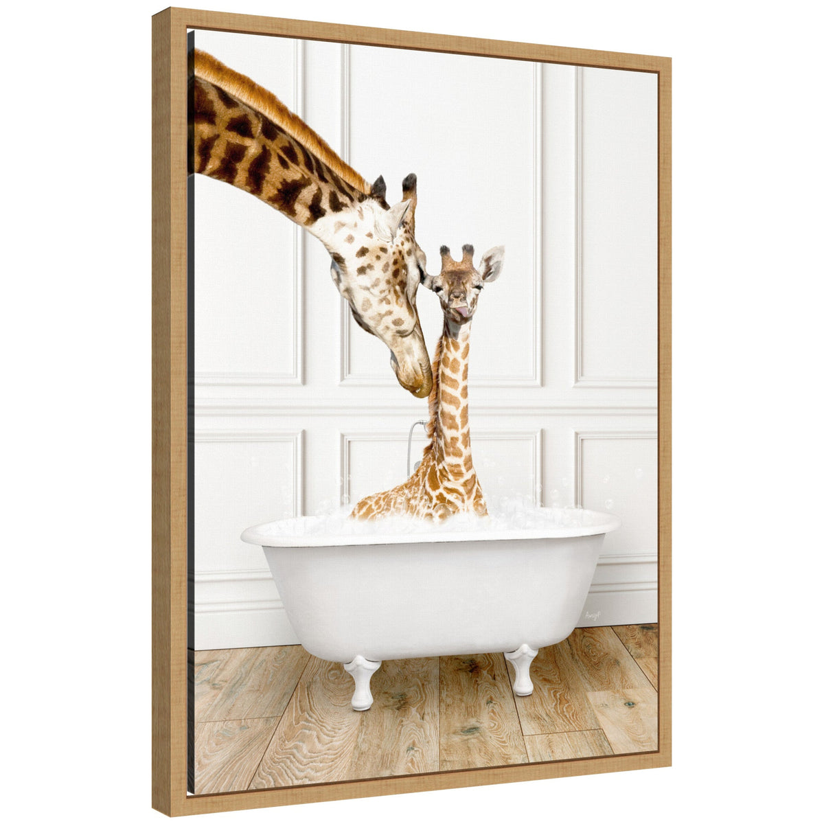 Sylvie Mother and Baby Giraffe in Traditional Vintage Bathtub Framed Canvas by Amy Peterson