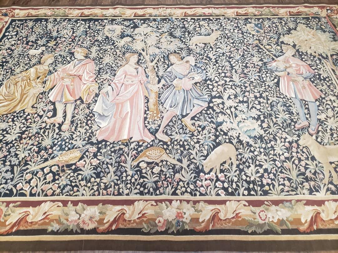 Vintage European Tapestry 5.4 x 7.11, Antique Style European Wall Hanging, Aubusson Weave Handmade Tapestry, Courtship Dating Scene, Animals - Jewel Rugs, view 4