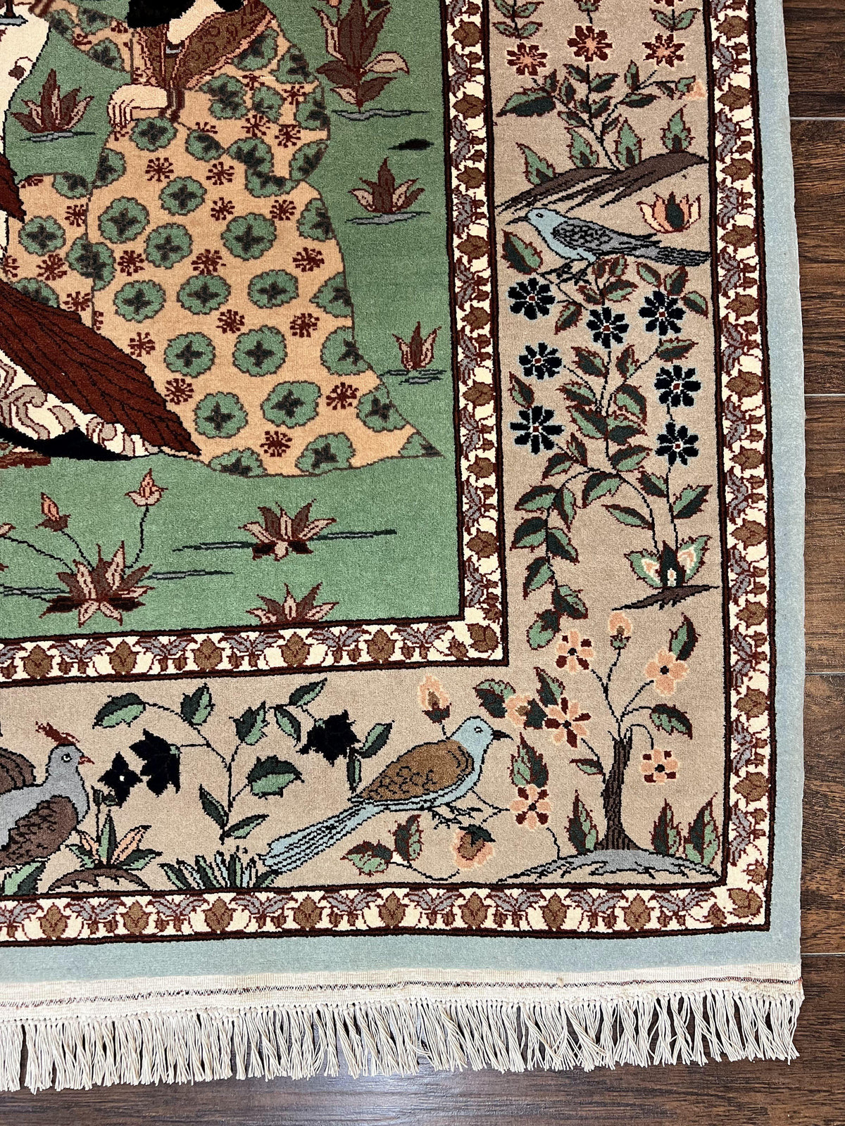 Indo Persian Pictorial Rug 4x7, Handmade Hand Knotted Wool Semi Antique Horizontal Carpet, Men & Women Drinking, Fine Rug, Bird Pictorials - Jewel Rugs, view 9