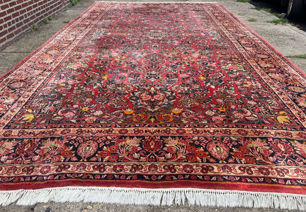 Large Antique Persian Sarouk Rug 11x18, Red, Floral Allover, Palace Size Wool Handmade Carpet - Jewel Rugs