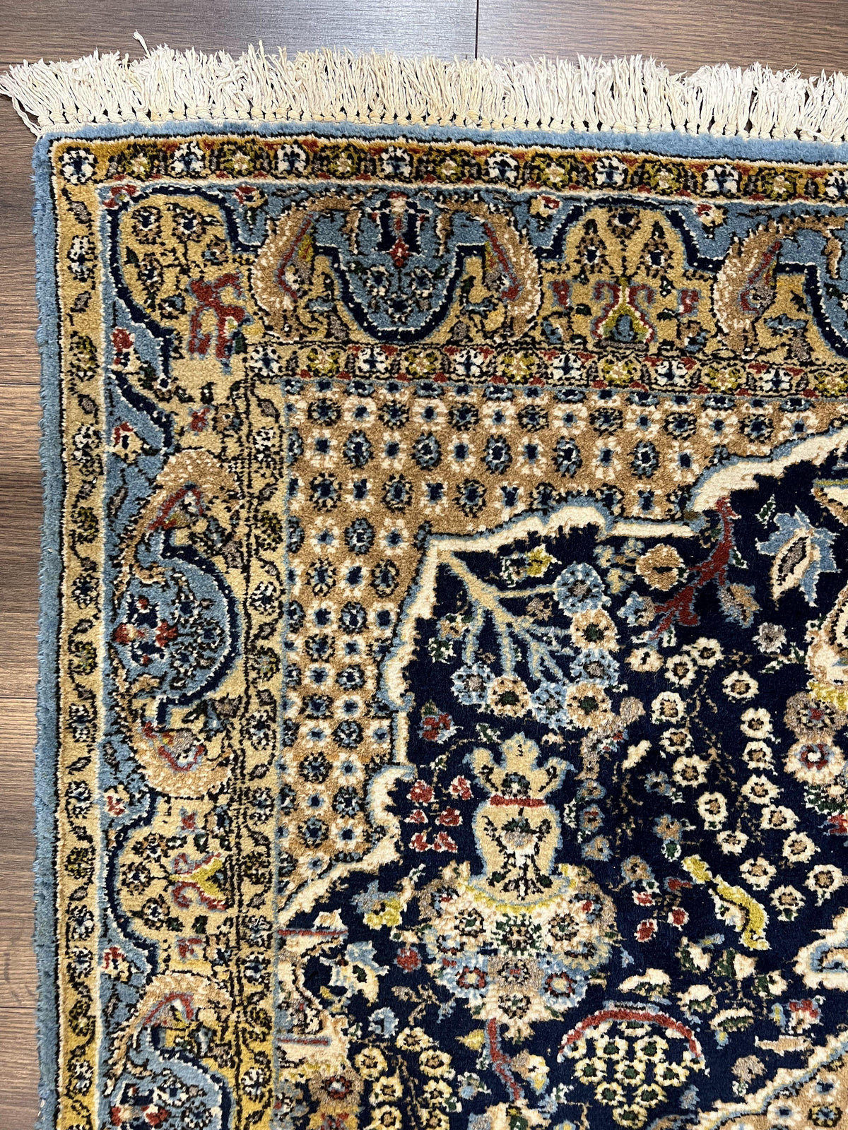 Fine Persian Qum Rug 3x5, Semi Antique Vintage Oriental Ghom Carpet, Floral Medallion, Highly Detailed, Hand Knotted, Navy Blue, Wool Area Rug, Birds - Jewel Rugs, view 7