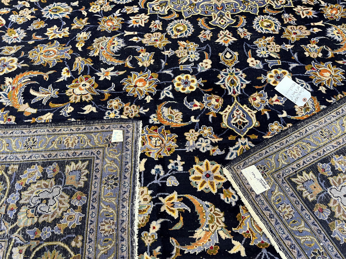 Wonderful Navy Blue Persian Kashan Rug 11x13, Allover Floral Design with Central Medallion, Wool Hand-Knotted Antique Carpet, Signed Rabani Rug - Jewel Rugs, view 11
