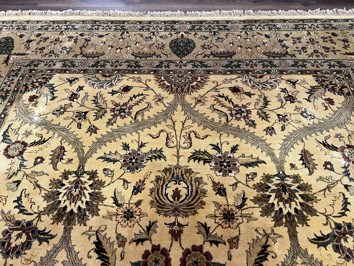 Indo Persian Mahal Rug 10x14, Wool Hand Knotted Oriental Carpet, Cream Floral Allover, Vintage Area Rug 10 x 14, Traditional Rug, Handmade - Jewel Rugs, view 3