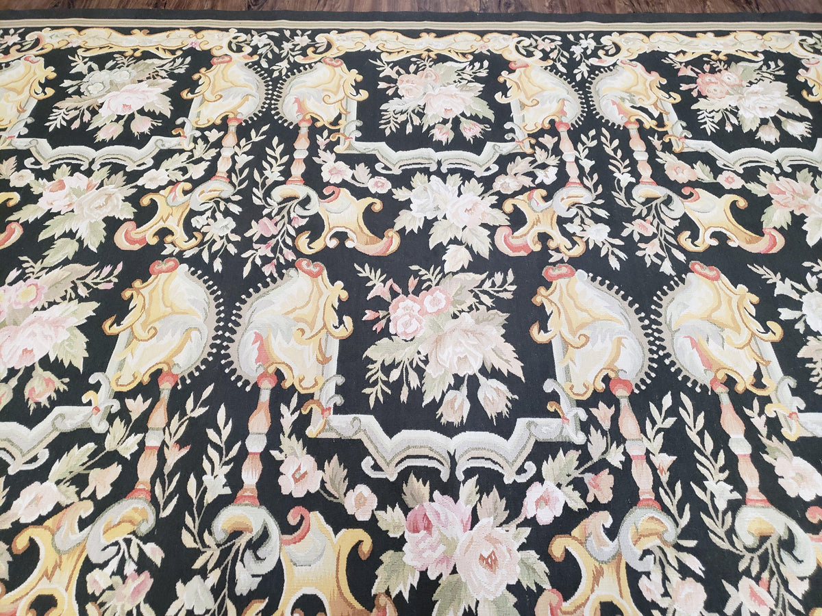 Vintage Black Aubusson Area Rug 8x10, Large Flowers Chinese Aubusson Carpet 7.9 x 10, Wool Hand-Knotted Floral Pattern Flat Weave Rug Nice - Jewel Rugs, view 13