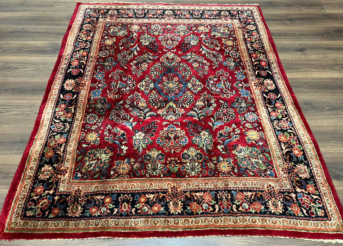 Persian Sarouk Rug 5x6, Hand Knotted Antique 1920s Sarouk, Red Navy Blue - Jewel Rugs
