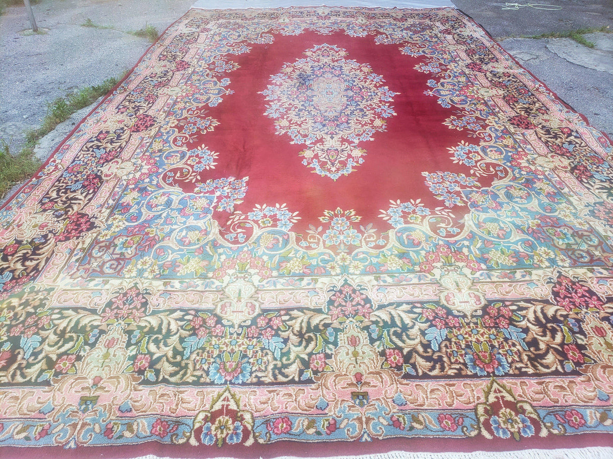 Antique Persian Kirman Rug 10x17 Oriental Carpet 10 x 17, Red, Multicolor, Namazian Signature Master Weaver, Shabby Chic, Semi Open Field - Jewel Rugs, view 13