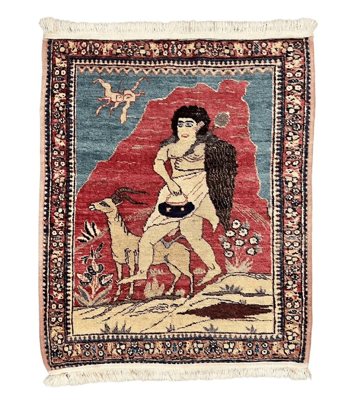 Antique Persian Kirman Rug 2 x 2.5, Small Hand Knotted Wool Carpet, Lavar Rug, Shepherd with Ram Pictorial Rug #1 - Jewel Rugs