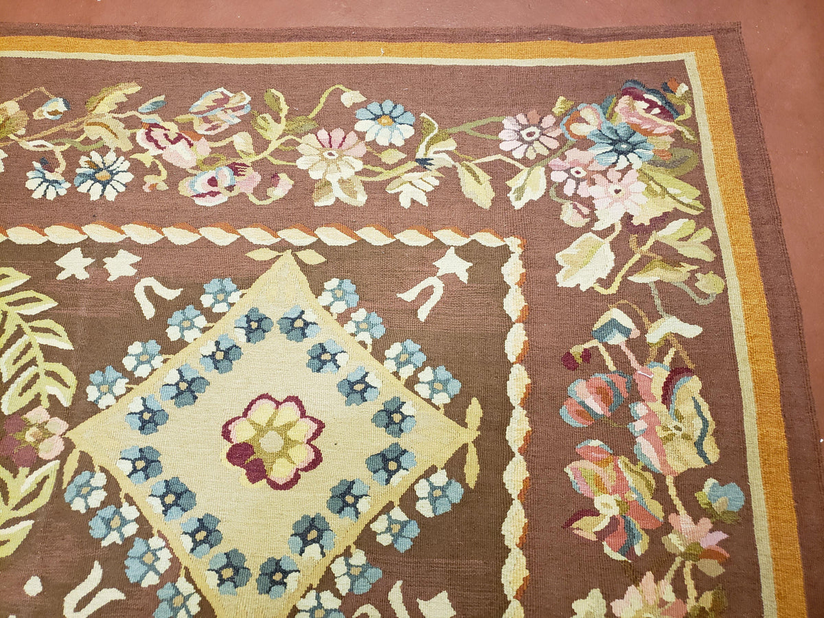 Aubusson Rug 6 x 9 Flat Weave Area Carpet European Design Flowers New Brown Rug Handmade Wool Hand-Knotted Aubusson Weave Medium Rug 6x9 - Jewel Rugs, view 8