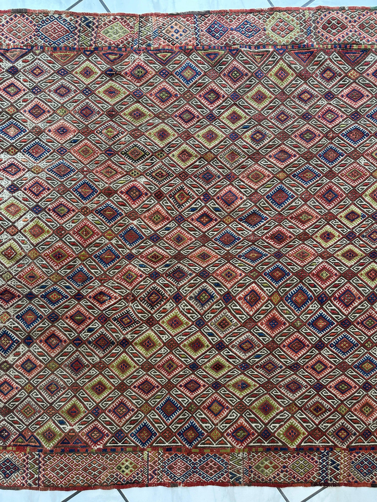 Antique Turkish Kilim Runner 5x14 | Red, Navy & Ivory | Hand-Woven Wool Flatweave - Rugistan, view 10