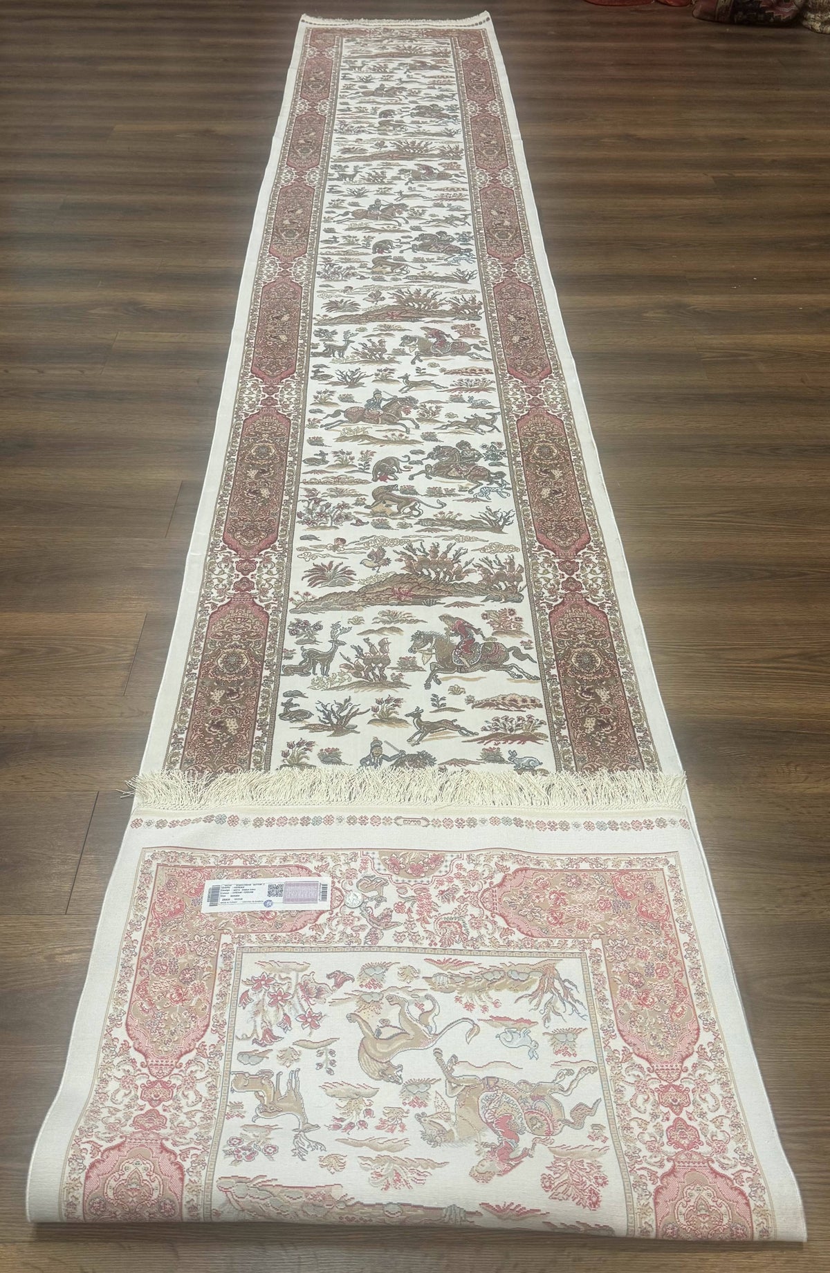 Long Turkish Silk Runner Rug 2.6 x 16.5, Hunting Design, Ivory, Bamboo Silk, New - Jewel Rugs, view 10